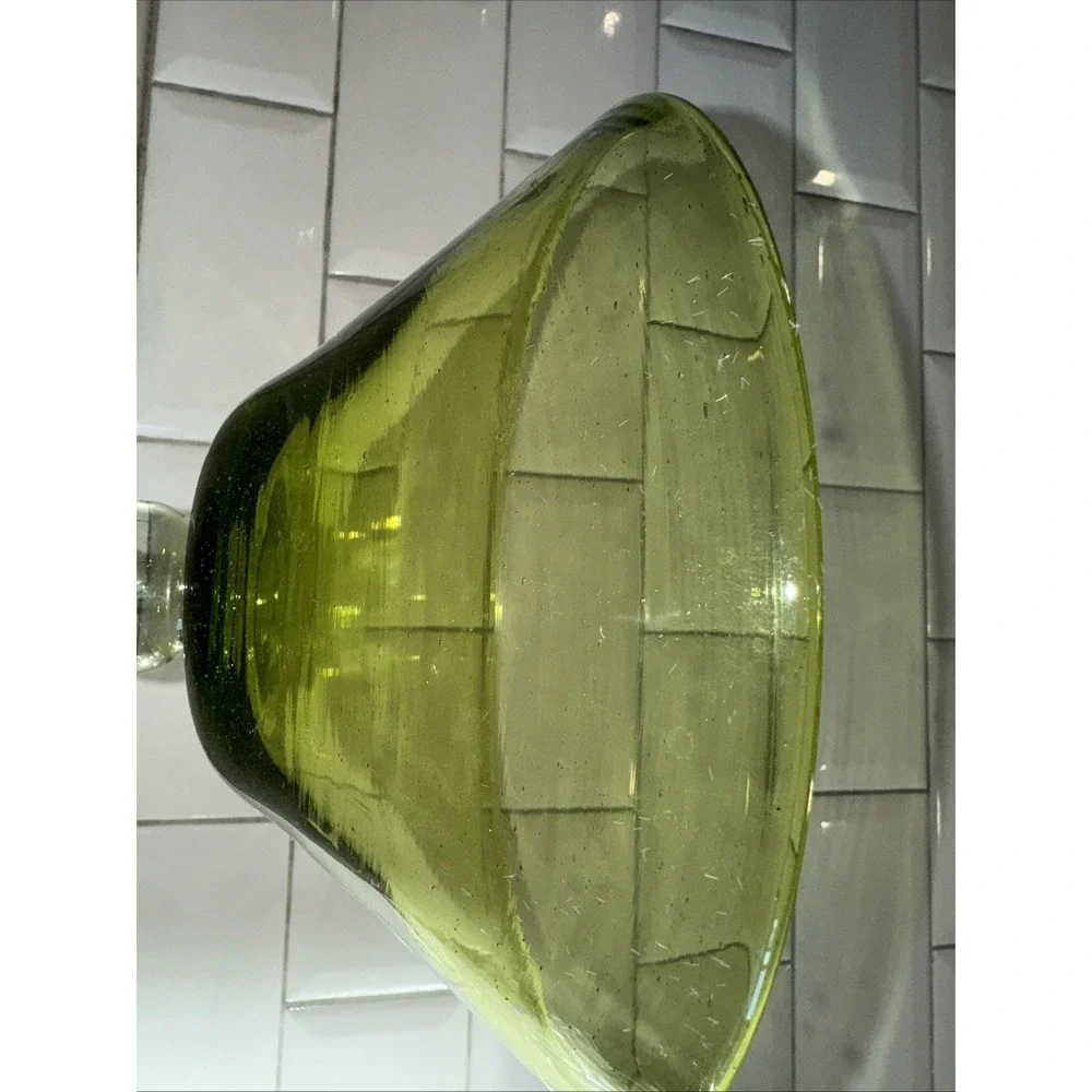 VINTAGE HANDBLOWN Green Glass with clear Footed‎ Base Serving BowlGW993